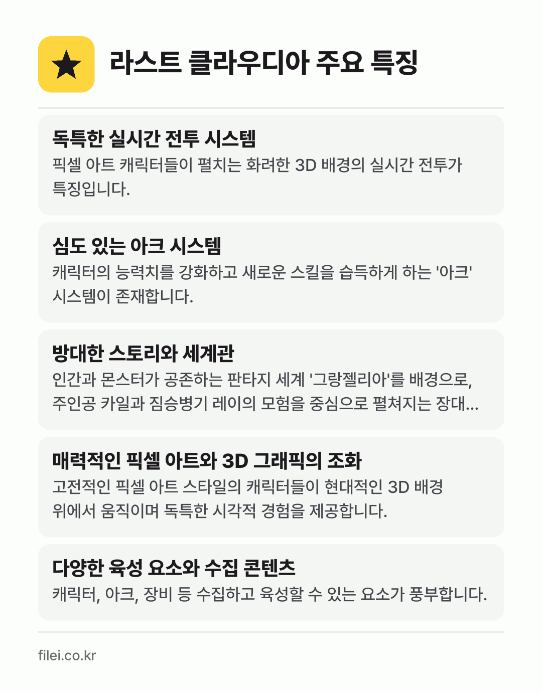 라스트 클라우디아 주요 특징: 독특한 실시간 전투 시스템, 심도 있는 아크 시스템, 방대한 스토리와 세계관, 매력적인 픽셀 아트와 3D 그래픽의 조화, 다양한 육성 요소와 수집 콘텐츠
