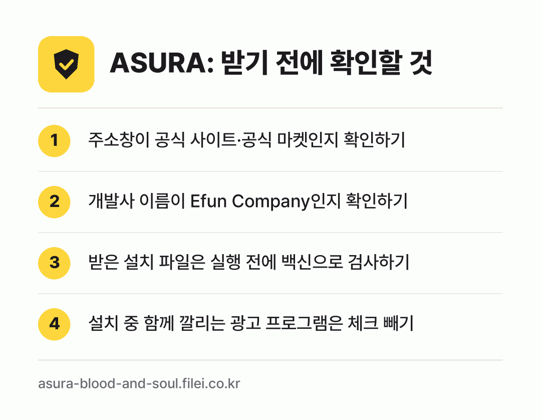 ASURA: 받기 전에 확인할 것: 주소창이 공식 사이트·공식 마켓인지 확인하기, 개발사 이름이 Efun Company인지 확인하기, 받은 설치 파일은 실행 전에 백신으로 검사하기, 설치 중 함께 깔리는 광고 프로그램은 체크 빼기