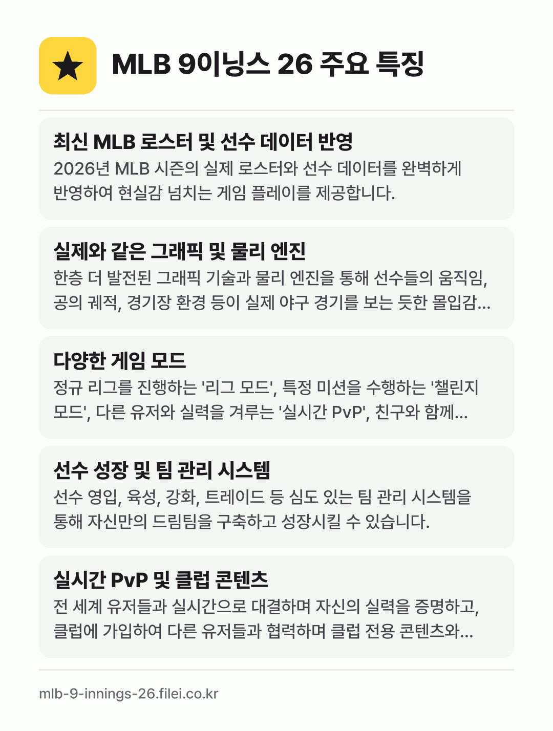MLB 9이닝스 26 주요 특징: 최신 MLB 로스터 및 선수 데이터 반영, 실제와 같은 그래픽 및 물리 엔진, 다양한 게임 모드, 선수 성장 및 팀 관리 시스템, 실시간 PvP 및 클럽 콘텐츠