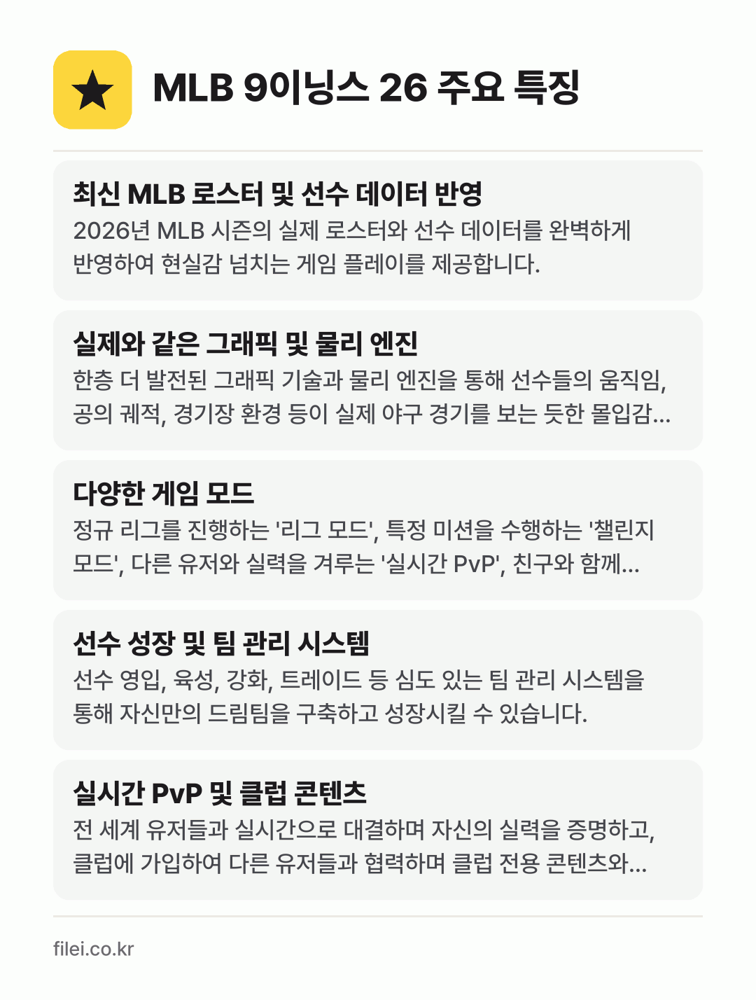 MLB 9이닝스 26 주요 특징: 최신 MLB 로스터 및 선수 데이터 반영, 실제와 같은 그래픽 및 물리 엔진, 다양한 게임 모드, 선수 성장 및 팀 관리 시스템, 실시간 PvP 및 클럽 콘텐츠