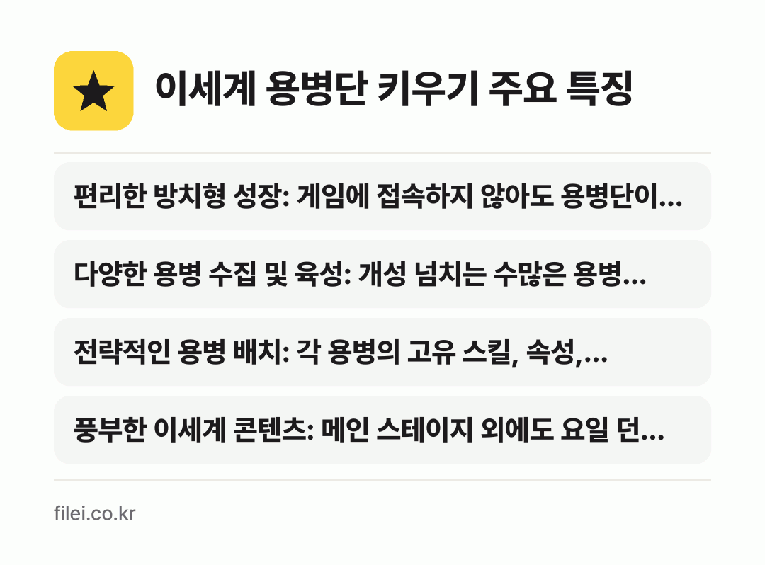 이세계 용병단 키우기 주요 특징: 편리한 방치형 성장: 게임에 접속하지 않아도 용병단이…, 다양한 용병 수집 및 육성: 개성 넘치는 수많은 용병…, 전략적인 용병 배치: 각 용병의 고유 스킬, 속성,…, 풍부한 이세계 콘텐츠: 메인 스테이지 외에도 요일 던…