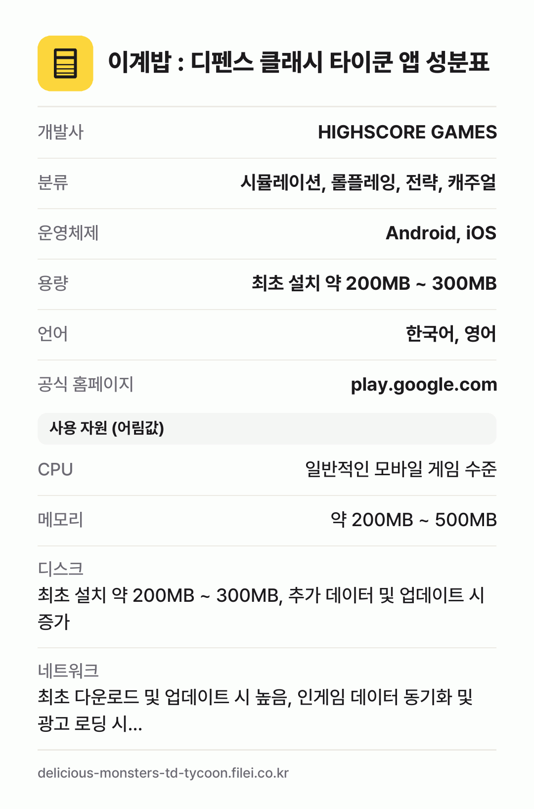 이계밥 : 디펜스 클래시 타이쿤 앱 성분표: 개발사 HIGHSCORE GAMES, 분류 시뮬레이션, 롤플레잉, 전략, 캐주얼, 운영체제 Android, iOS, 용량 최초 설치 약 200MB ~ 300MB, 언어 한국어, 영어