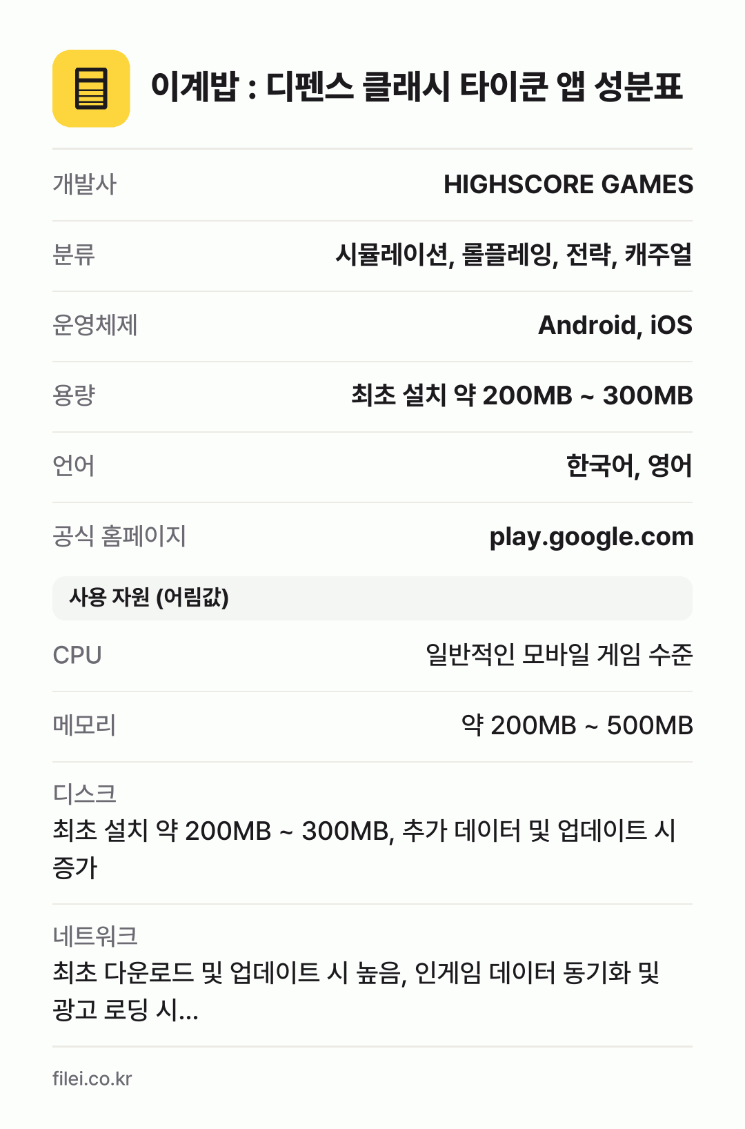 이계밥 : 디펜스 클래시 타이쿤 앱 성분표: 개발사 HIGHSCORE GAMES, 분류 시뮬레이션, 롤플레잉, 전략, 캐주얼, 운영체제 Android, iOS, 용량 최초 설치 약 200MB ~ 300MB, 언어 한국어, 영어