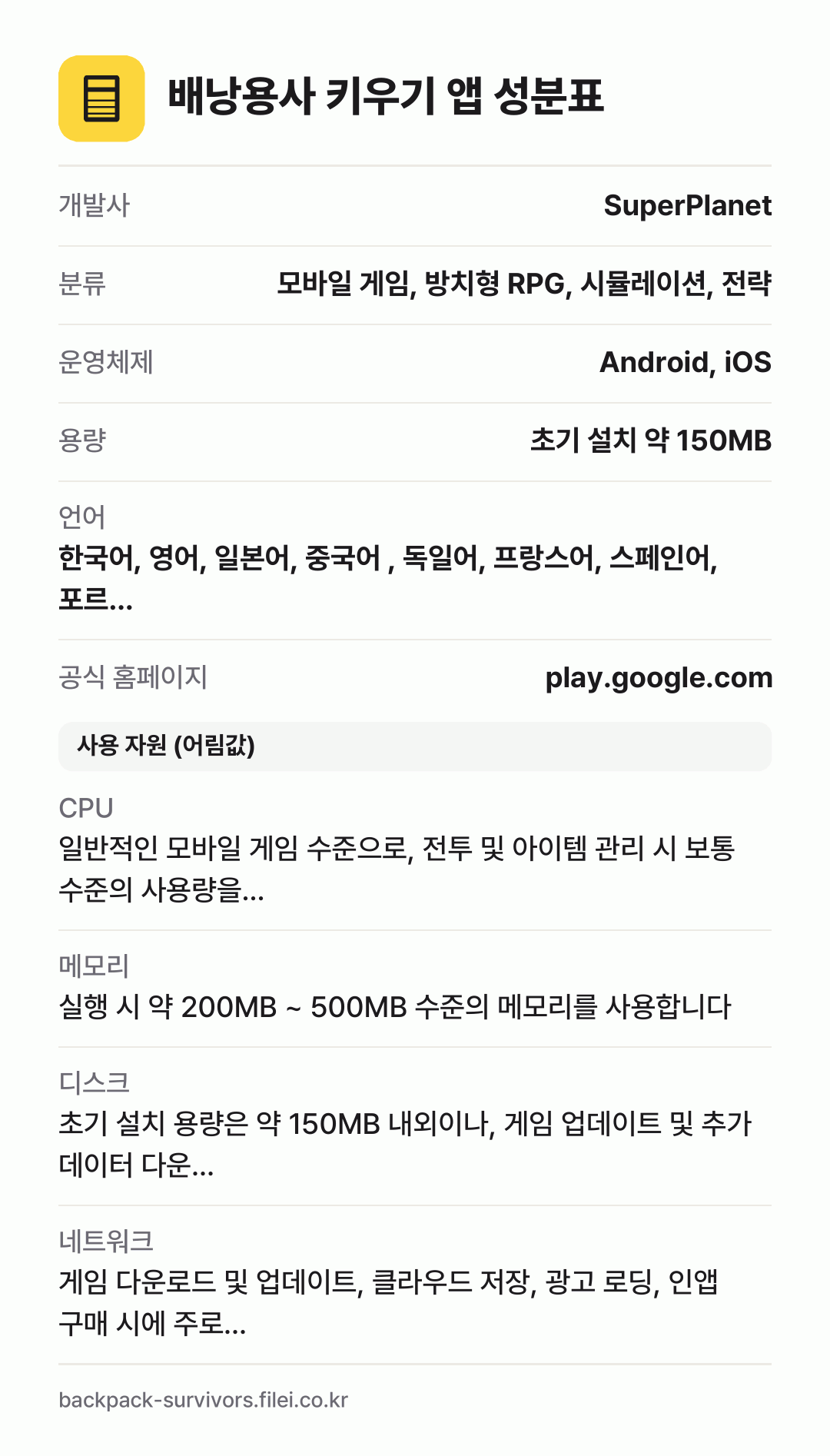 배낭용사 키우기 앱 성분표: 개발사 SuperPlanet, 분류 모바일 게임, 방치형 RPG, 시뮬레이션, 전략, 운영체제 Android, iOS, 용량 초기 설치 약 150MB, 언어 한국어, 영어, 일본어, 중국어 , 독일어, 프랑스어, 스페인어, 포르…