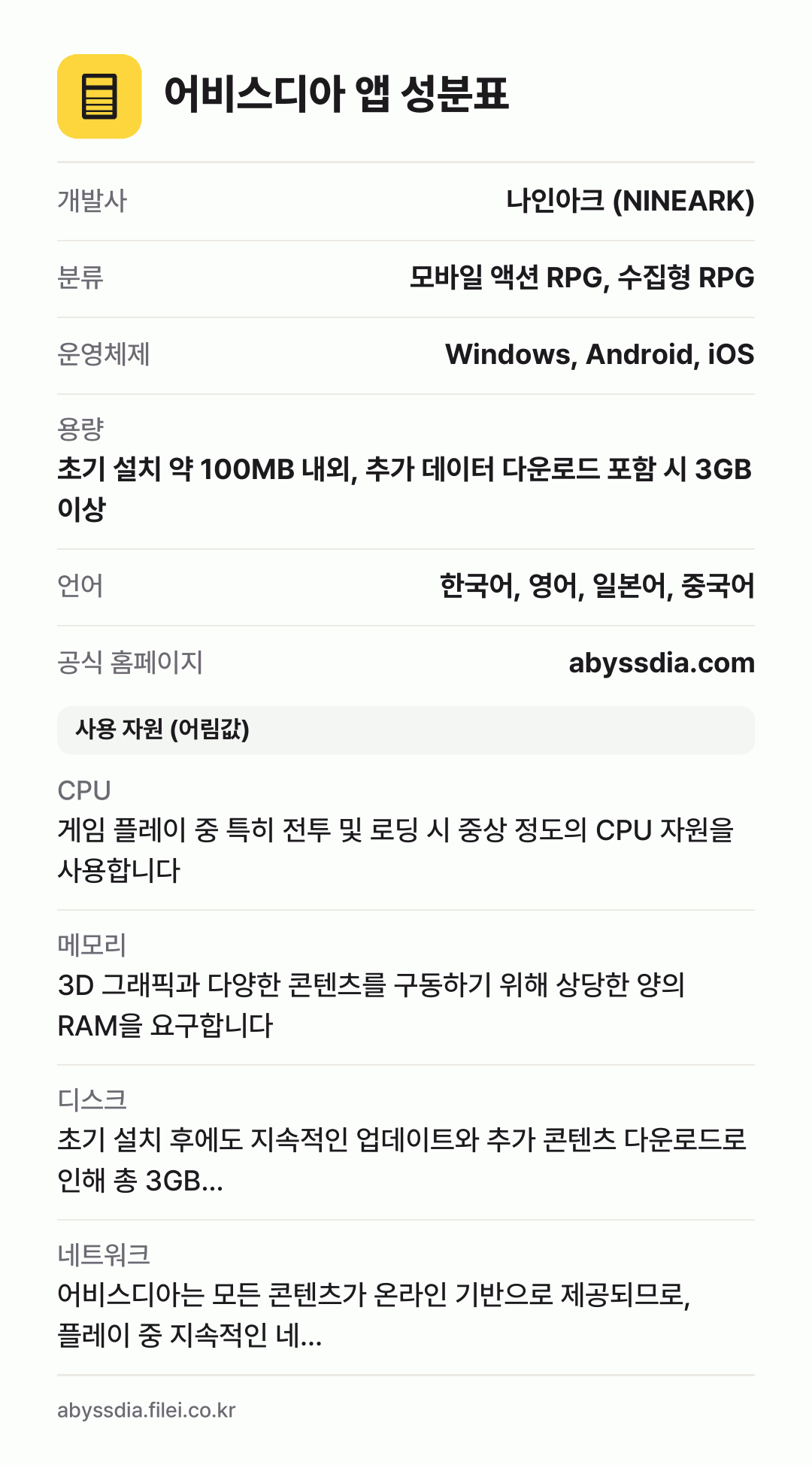 어비스디아 앱 성분표: 개발사 나인아크 (NINEARK), 분류 모바일 액션 RPG, 수집형 RPG, 운영체제 Windows, Android, iOS, 용량 초기 설치 약 100MB 내외, 추가 데이터 다운로드 포함 시 3GB 이상, 언어 한국어, 영어, 일본어, 중국어