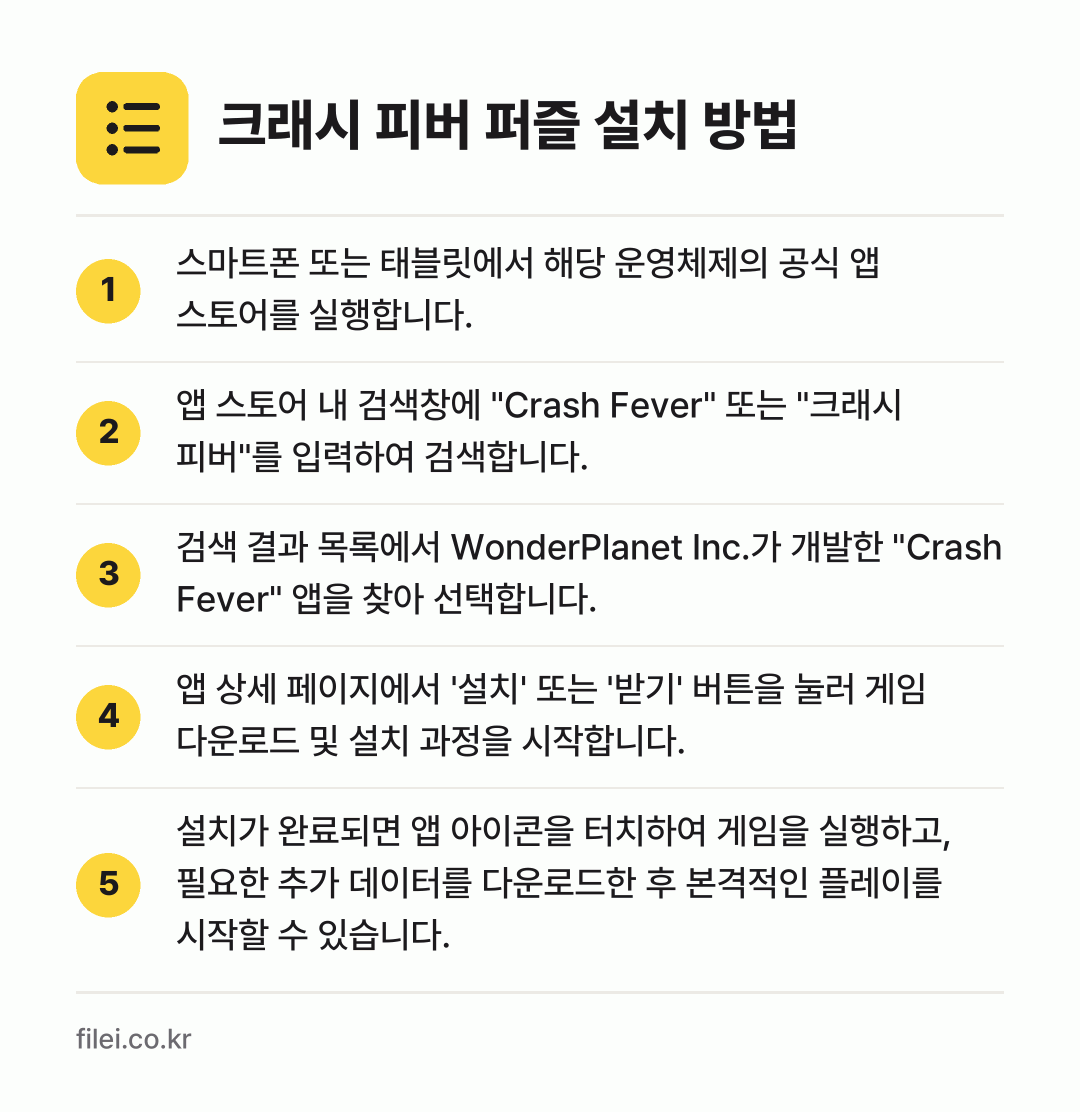 크래시 피버 퍼즐 설치 방법: 스마트폰 또는 태블릿에서 해당 운영체제의… → 앱 스토어 내 검색창에 "Crash Fev… → 검색 결과 목록에서 WonderPlanet… → 앱 상세 페이지에서 '설치' 또는 '받기'… → 설치가 완료되면 앱 아이콘을 터치하여 게임…