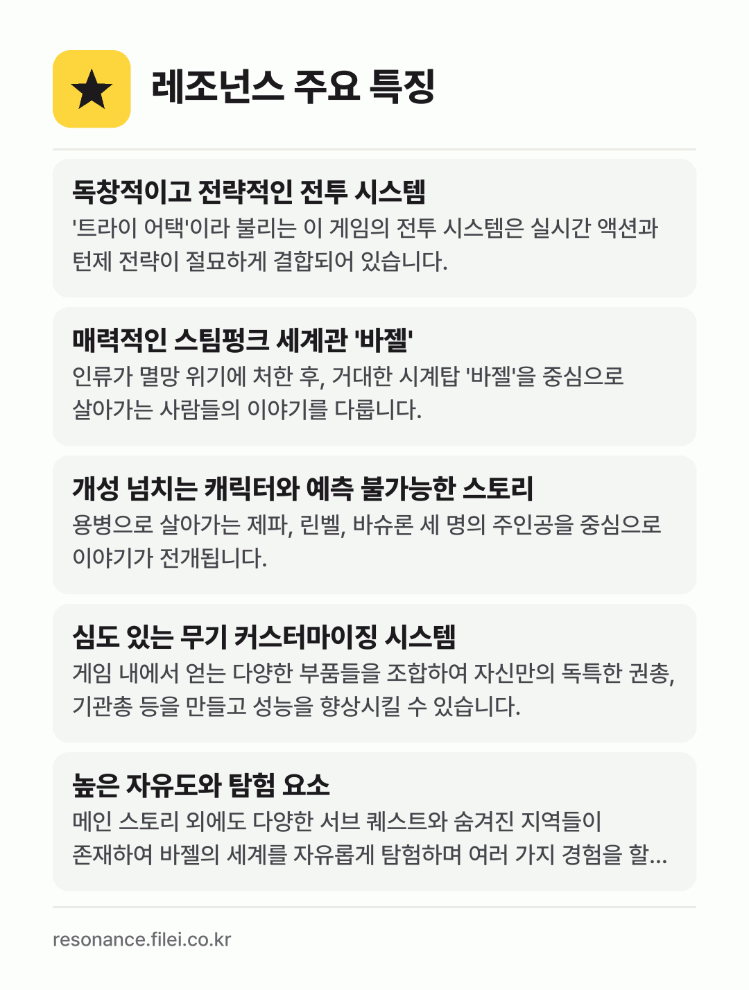 레조넌스 주요 특징: 독창적이고 전략적인 전투 시스템, 매력적인 스팀펑크 세계관 '바젤', 개성 넘치는 캐릭터와 예측 불가능한 스토리, 심도 있는 무기 커스터마이징 시스템, 높은 자유도와 탐험 요소