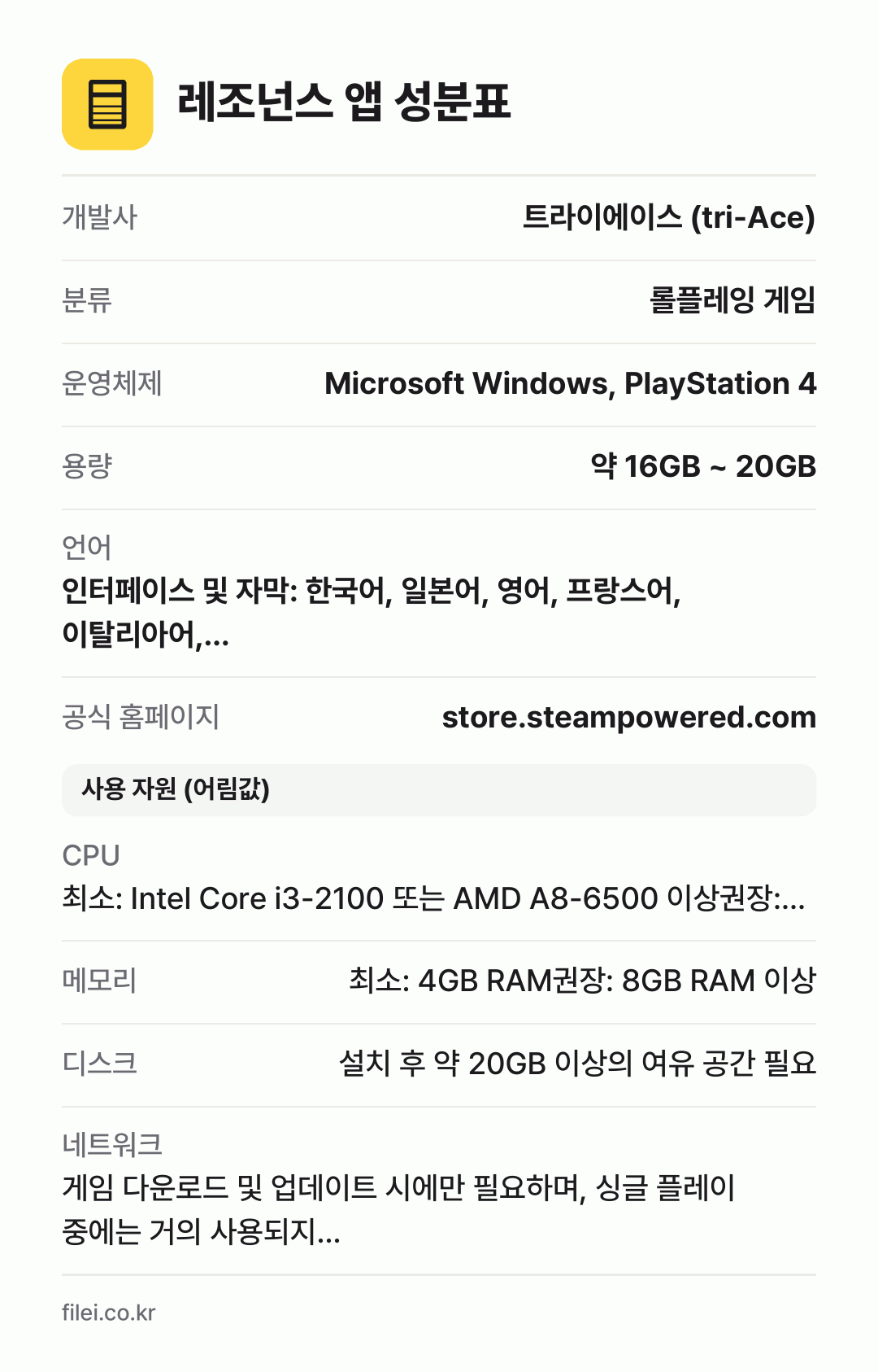 레조넌스 앱 성분표: 개발사 트라이에이스 (tri-Ace), 분류 롤플레잉 게임, 운영체제 Microsoft Windows, PlayStation 4, 용량 약 16GB ~ 20GB, 언어 인터페이스 및 자막: 한국어, 일본어, 영어, 프랑스어, 이탈리아어,…