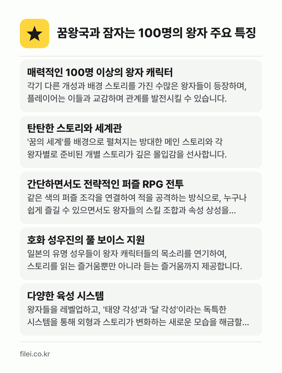 꿈왕국과 잠자는 100명의 왕자 주요 특징: 매력적인 100명 이상의 왕자 캐릭터, 탄탄한 스토리와 세계관, 간단하면서도 전략적인 퍼즐 RPG 전투, 호화 성우진의 풀 보이스 지원, 다양한 육성 시스템
