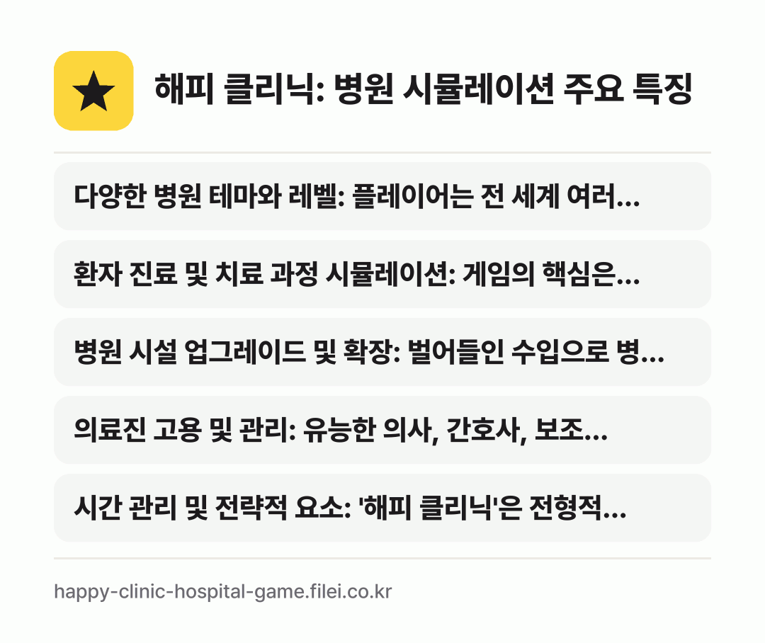 해피 클리닉: 병원 시뮬레이션 주요 특징: 다양한 병원 테마와 레벨: 플레이어는 전 세계 여러…, 환자 진료 및 치료 과정 시뮬레이션: 게임의 핵심은…, 병원 시설 업그레이드 및 확장: 벌어들인 수입으로 병…, 의료진 고용 및 관리: 유능한 의사, 간호사, 보조…, 시간 관리 및 전략적 요소: '해피 클리닉'은 전형적…