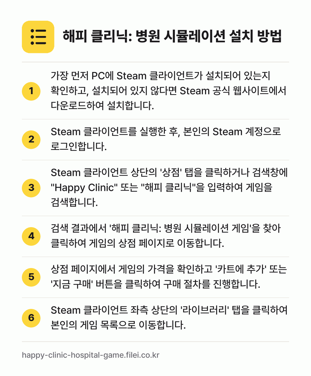 해피 클리닉: 병원 시뮬레이션 설치 방법: 가장 먼저 PC에 Steam 클라이언트가… → Steam 클라이언트를 실행한 후, 본인의… → Steam 클라이언트 상단의 '상점' 탭을… → 검색 결과에서 '해피 클리닉: 병원 시뮬레… → 상점 페이지에서 게임의 가격을 확인하고 '… → Steam 클라이언트 좌측 상단의 '라이브…