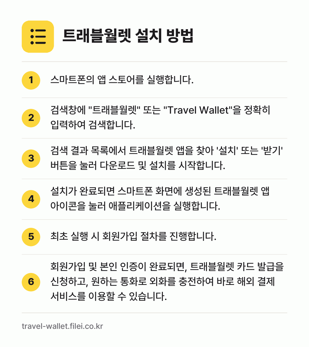트래블월렛 설치 방법: 스마트폰의 앱 스토어를 실행합니다. → 검색창에 "트래블월렛" 또는 "Travel… → 검색 결과 목록에서 트래블월렛 앱을 찾아… → 설치가 완료되면 스마트폰 화면에 생성된 트… → 최초 실행 시 회원가입 절차를 진행합니다. → 회원가입 및 본인 인증이 완료되면, 트래블…