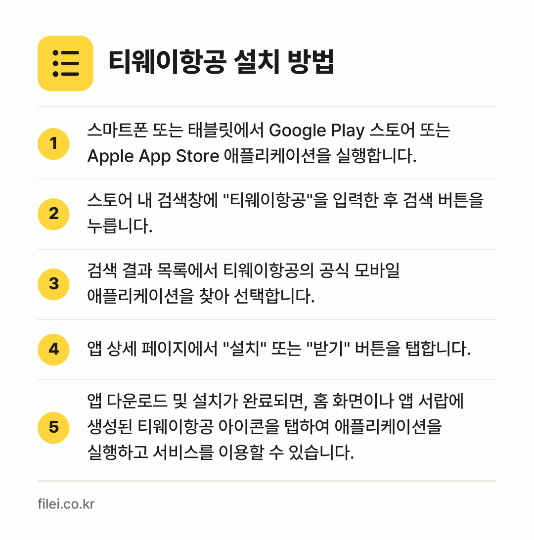 티웨이항공 설치 방법: 스마트폰 또는 태블릿에서 Google Pl… → 스토어 내 검색창에 "티웨이항공"을 입력한… → 검색 결과 목록에서 티웨이항공의 공식 모바… → 앱 상세 페이지에서 "설치" 또는 "받기"… → 앱 다운로드 및 설치가 완료되면, 홈 화면…