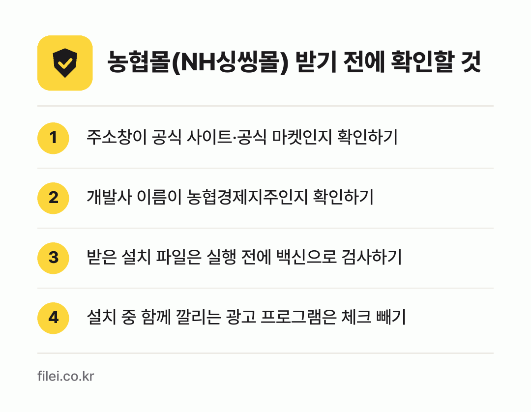농협몰(NH싱씽몰) 받기 전에 확인할 것: 주소창이 공식 사이트·공식 마켓인지 확인하기, 개발사 이름이 농협경제지주인지 확인하기, 받은 설치 파일은 실행 전에 백신으로 검사하기, 설치 중 함께 깔리는 광고 프로그램은 체크 빼기