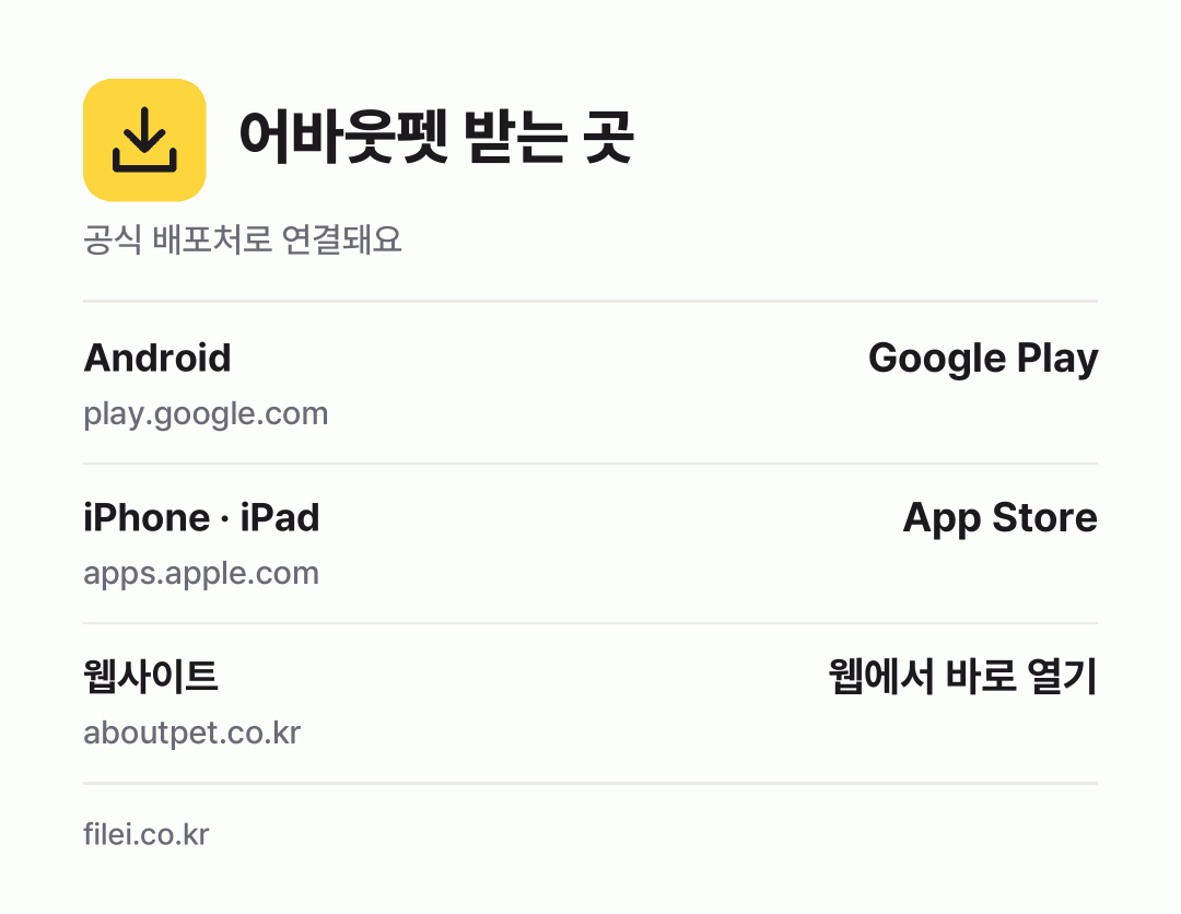 어바웃펫 받는 곳: Android, iPhone · iPad, 웹사이트
