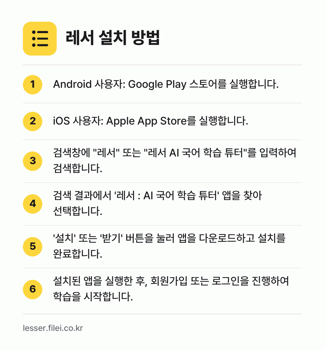 레서 설치 방법: Android 사용자: Google Pla… → iOS 사용자: Apple App Stor… → 검색창에 "레서" 또는 "레서 AI 국어… → 검색 결과에서 '레서 : AI 국어 학습… → '설치' 또는 '받기' 버튼을 눌러 앱을… → 설치된 앱을 실행한 후, 회원가입 또는 로…