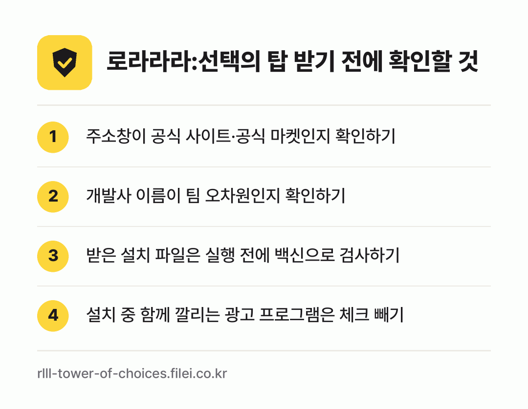 로라라라:선택의 탑 받기 전에 확인할 것: 주소창이 공식 사이트·공식 마켓인지 확인하기, 개발사 이름이 팀 오차원인지 확인하기, 받은 설치 파일은 실행 전에 백신으로 검사하기, 설치 중 함께 깔리는 광고 프로그램은 체크 빼기