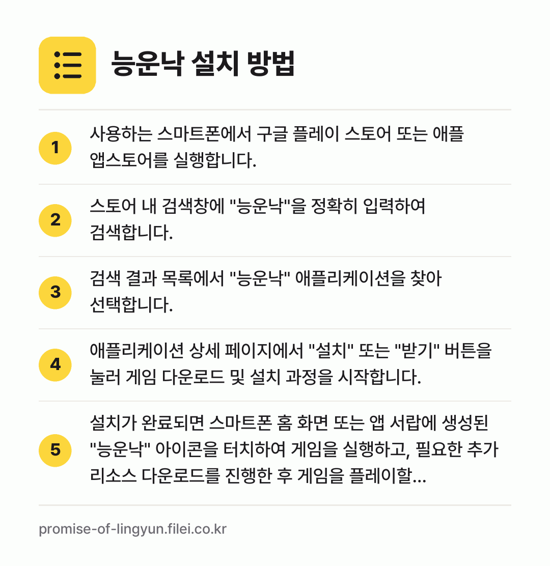 능운낙 설치 방법: 사용하는 스마트폰에서 구글 플레이 스토어… → 스토어 내 검색창에 "능운낙"을 정확히 입… → 검색 결과 목록에서 "능운낙" 애플리케이션… → 애플리케이션 상세 페이지에서 "설치" 또는… → 설치가 완료되면 스마트폰 홈 화면 또는 앱…
