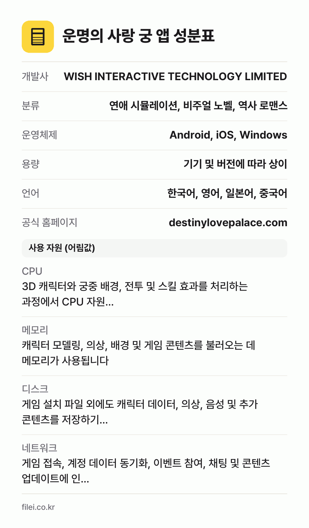 운명의 사랑 궁 앱 성분표: 개발사 WISH INTERACTIVE TECHNOLOGY LIMITED, 분류 연애 시뮬레이션, 비주얼 노벨, 역사 로맨스, 운영체제 Android, iOS, Windows, 용량 기기 및 버전에 따라 상이, 언어 한국어, 영어, 일본어, 중국어
