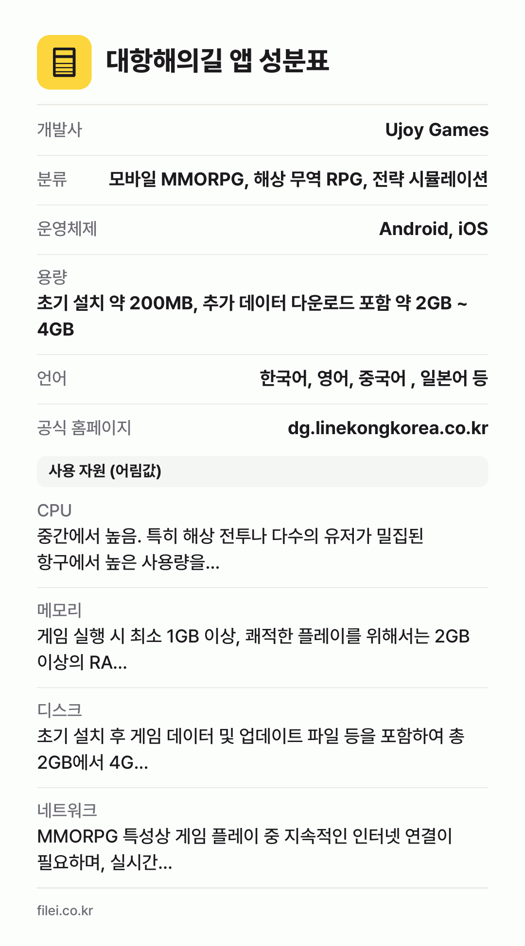 대항해의길 앱 성분표: 개발사 Ujoy Games, 분류 모바일 MMORPG, 해상 무역 RPG, 전략 시뮬레이션, 운영체제 Android, iOS, 용량 초기 설치 약 200MB, 추가 데이터 다운로드 포함 약 2GB ~ 4GB, 언어 한국어, 영어, 중국어 , 일본어 등