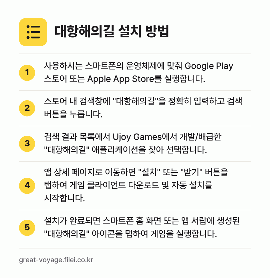 대항해의길 설치 방법: 사용하시는 스마트폰의 운영체제에 맞춰 Go… → 스토어 내 검색창에 "대항해의길"을 정확히… → 검색 결과 목록에서 Ujoy Games에서… → 앱 상세 페이지로 이동하면 "설치" 또는… → 설치가 완료되면 스마트폰 홈 화면 또는 앱…