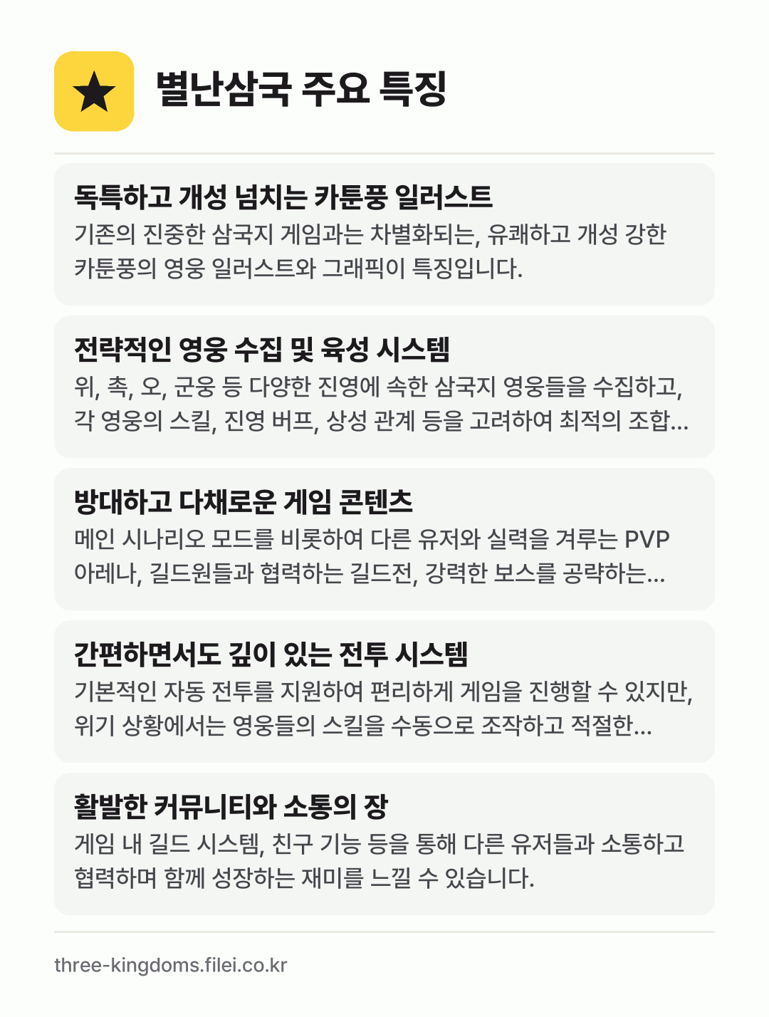 별난삼국 주요 특징: 독특하고 개성 넘치는 카툰풍 일러스트, 전략적인 영웅 수집 및 육성 시스템, 방대하고 다채로운 게임 콘텐츠, 간편하면서도 깊이 있는 전투 시스템, 활발한 커뮤니티와 소통의 장