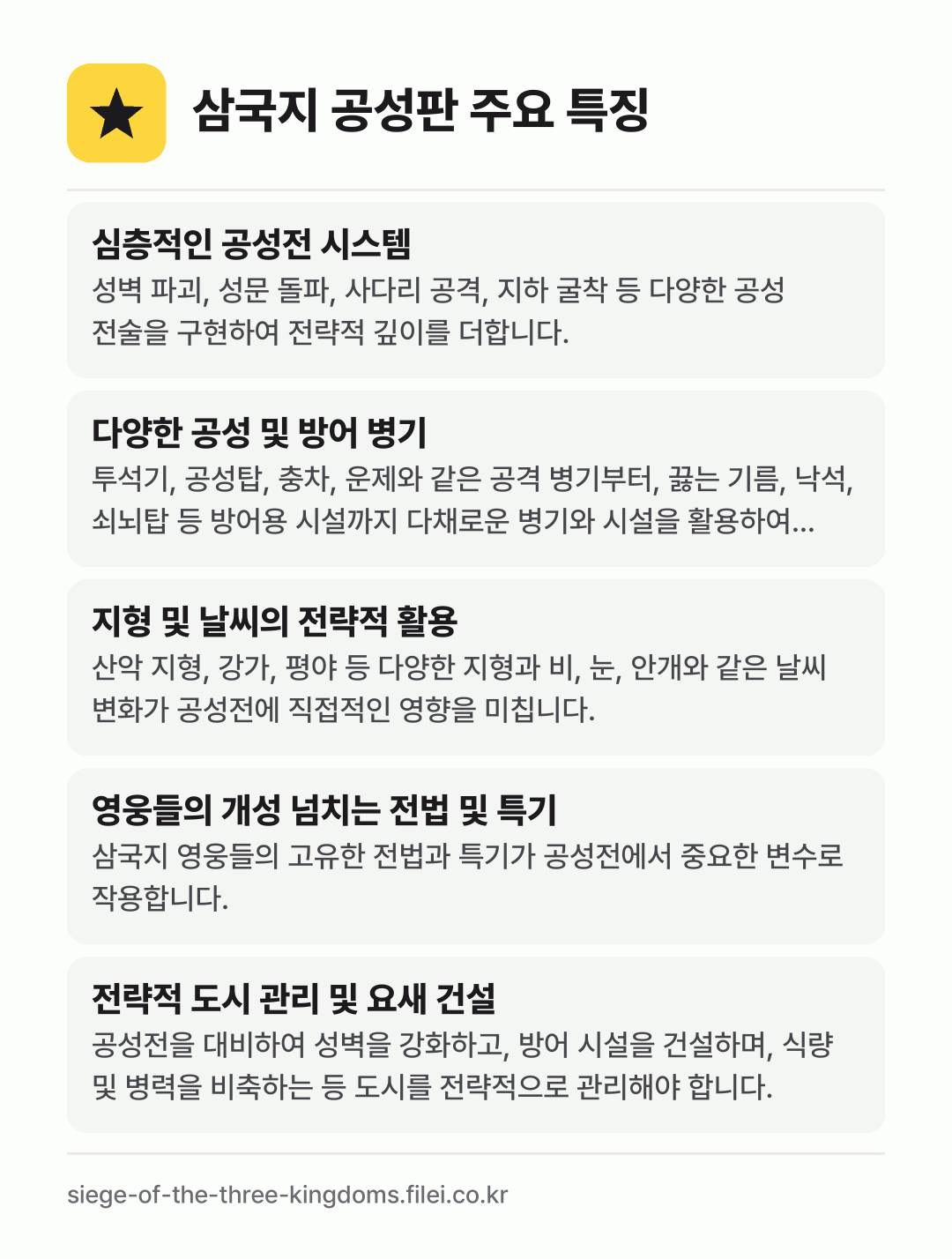 삼국지 공성판 주요 특징: 심층적인 공성전 시스템, 다양한 공성 및 방어 병기, 지형 및 날씨의 전략적 활용, 영웅들의 개성 넘치는 전법 및 특기, 전략적 도시 관리 및 요새 건설