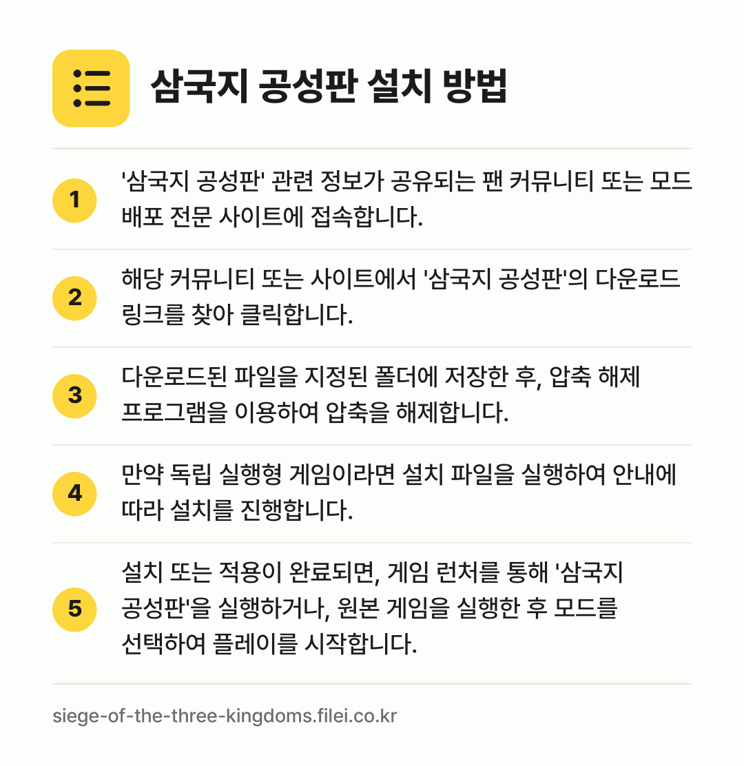 삼국지 공성판 설치 방법: '삼국지 공성판' 관련 정보가 공유되는 팬… → 해당 커뮤니티 또는 사이트에서 '삼국지 공… → 다운로드된 파일을 지정된 폴더에 저장한 후… → 만약 독립 실행형 게임이라면 설치 파일을… → 설치 또는 적용이 완료되면, 게임 런처를…