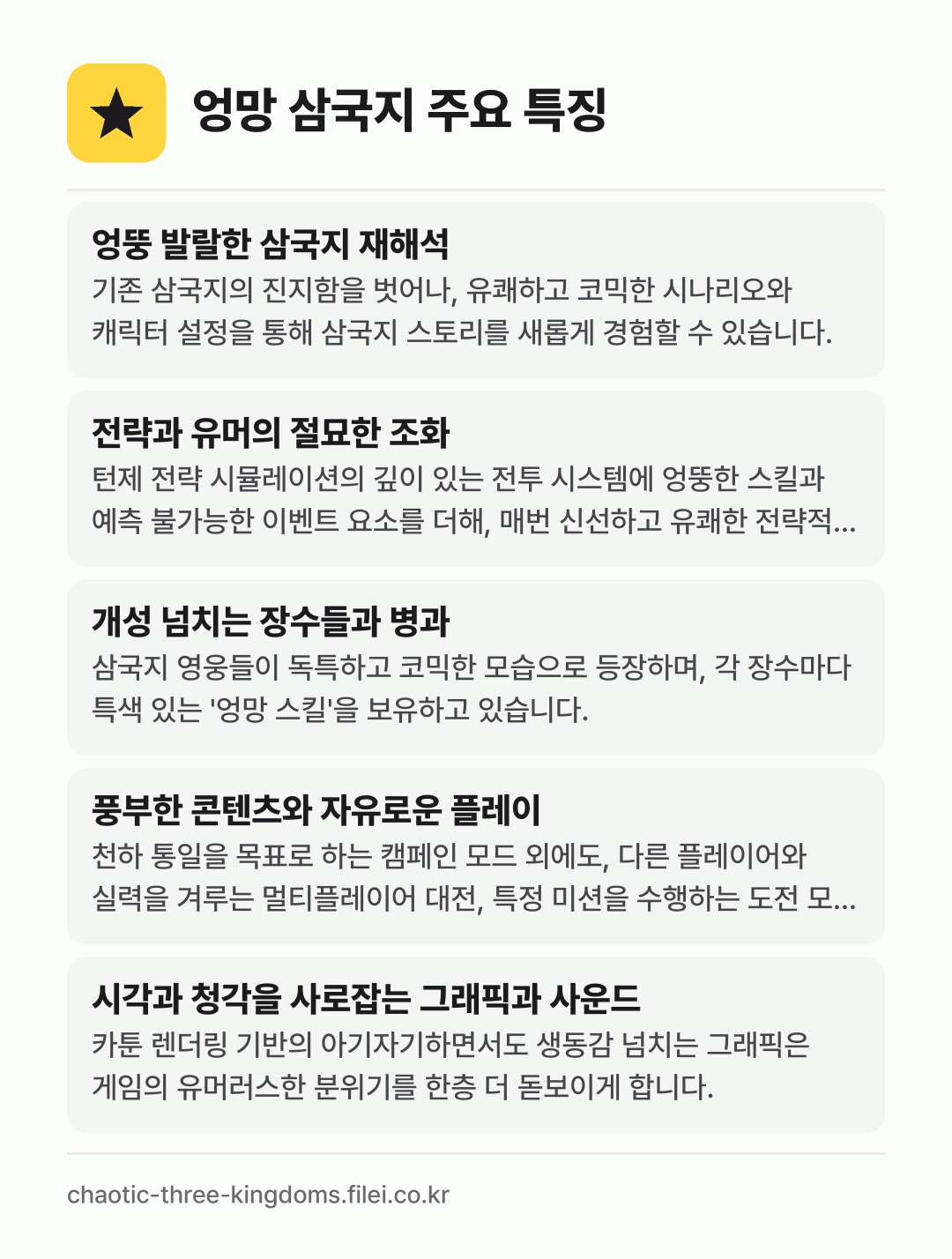엉망 삼국지 주요 특징: 엉뚱 발랄한 삼국지 재해석, 전략과 유머의 절묘한 조화, 개성 넘치는 장수들과 병과, 풍부한 콘텐츠와 자유로운 플레이, 시각과 청각을 사로잡는 그래픽과 사운드