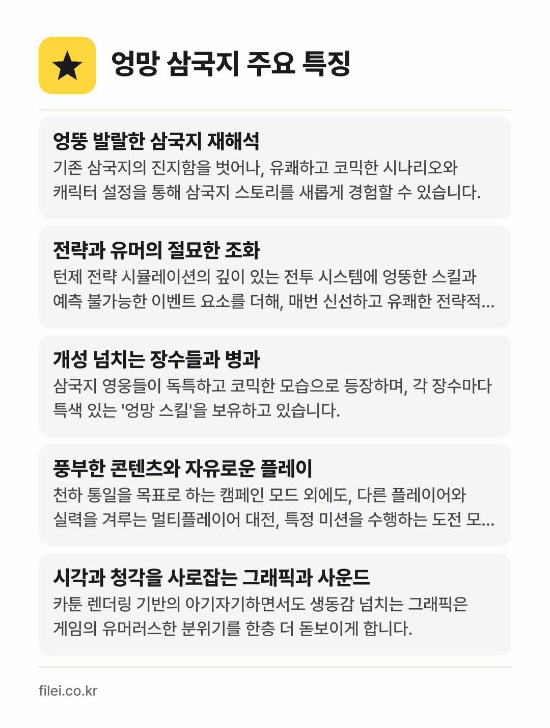 엉망 삼국지 주요 특징: 엉뚱 발랄한 삼국지 재해석, 전략과 유머의 절묘한 조화, 개성 넘치는 장수들과 병과, 풍부한 콘텐츠와 자유로운 플레이, 시각과 청각을 사로잡는 그래픽과 사운드