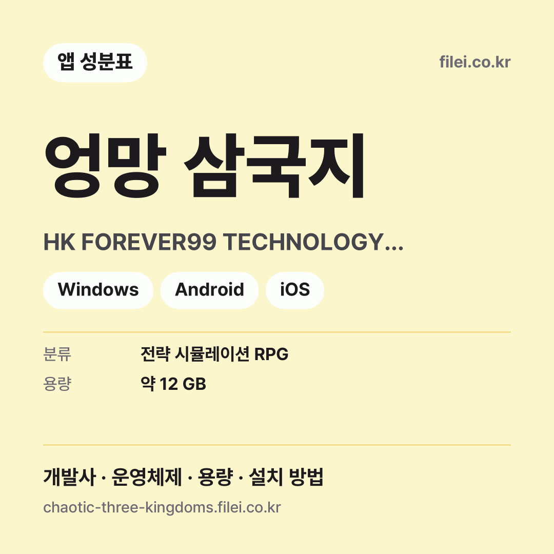 엉망 삼국지 다운로드 · HK FOREVER99 TECHNOLOGY CO.,LIMITED · Windows, Android, iOS