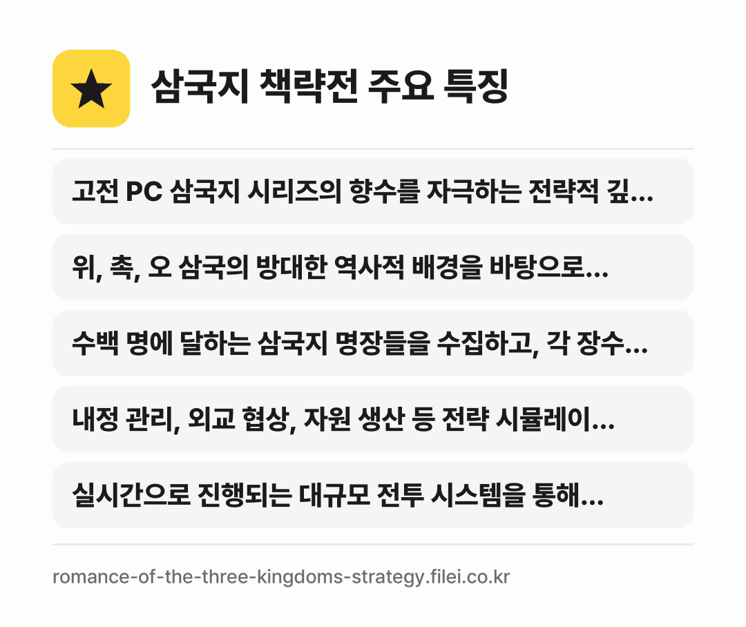삼국지 책략전 주요 특징: 고전 PC 삼국지 시리즈의 향수를 자극하는 전략적 깊…, 위, 촉, 오 삼국의 방대한 역사적 배경을 바탕으로…, 수백 명에 달하는 삼국지 명장들을 수집하고, 각 장수…, 내정 관리, 외교 협상, 자원 생산 등 전략 시뮬레이…, 실시간으로 진행되는 대규모 전투 시스템을 통해 전략적…