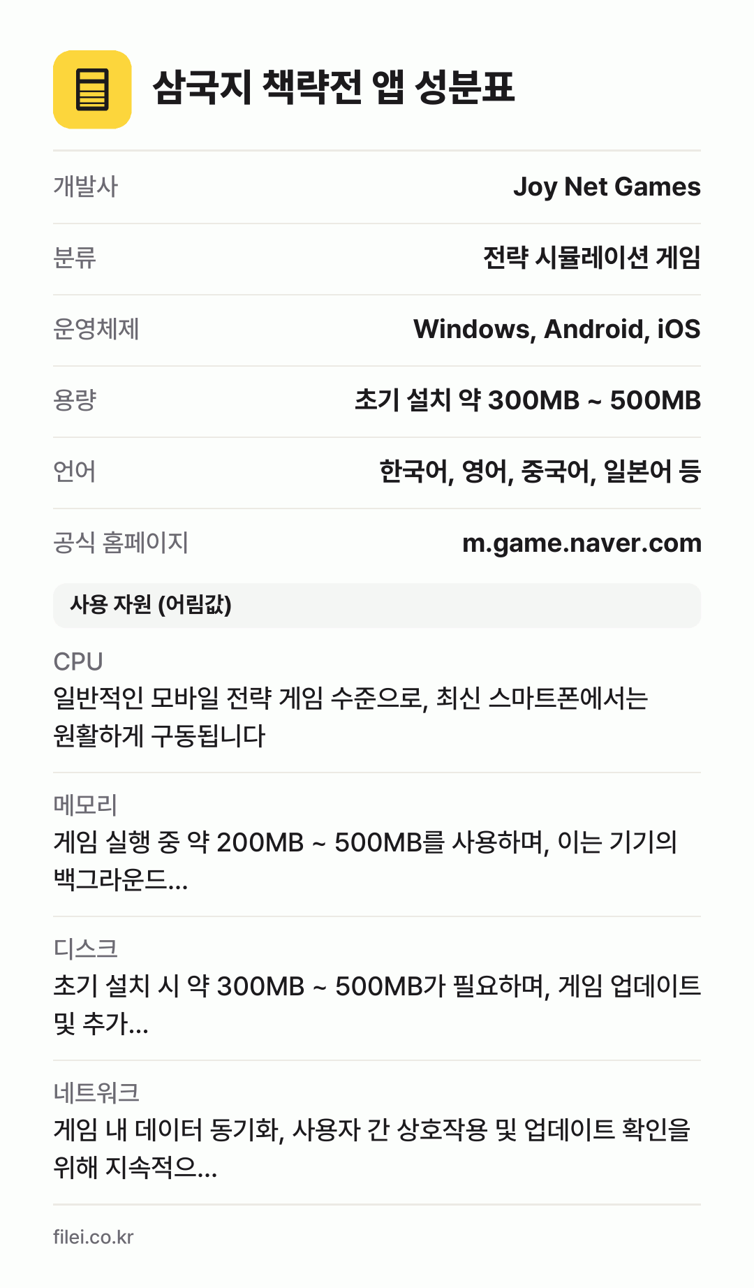 삼국지 책략전 앱 성분표: 개발사 Joy Net Games, 분류 전략 시뮬레이션 게임, 운영체제 Windows, Android, iOS, 용량 초기 설치 약 300MB ~ 500MB, 언어 한국어, 영어, 중국어, 일본어 등