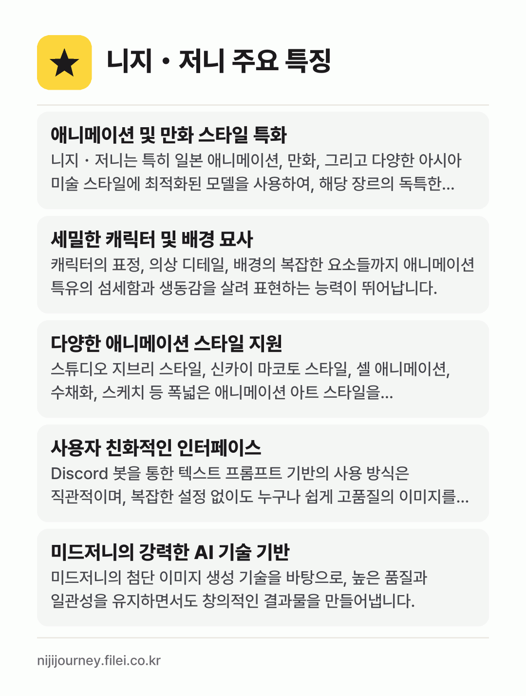 니지・저니 주요 특징: 애니메이션 및 만화 스타일 특화, 세밀한 캐릭터 및 배경 묘사, 다양한 애니메이션 스타일 지원, 사용자 친화적인 인터페이스, 미드저니의 강력한 AI 기술 기반