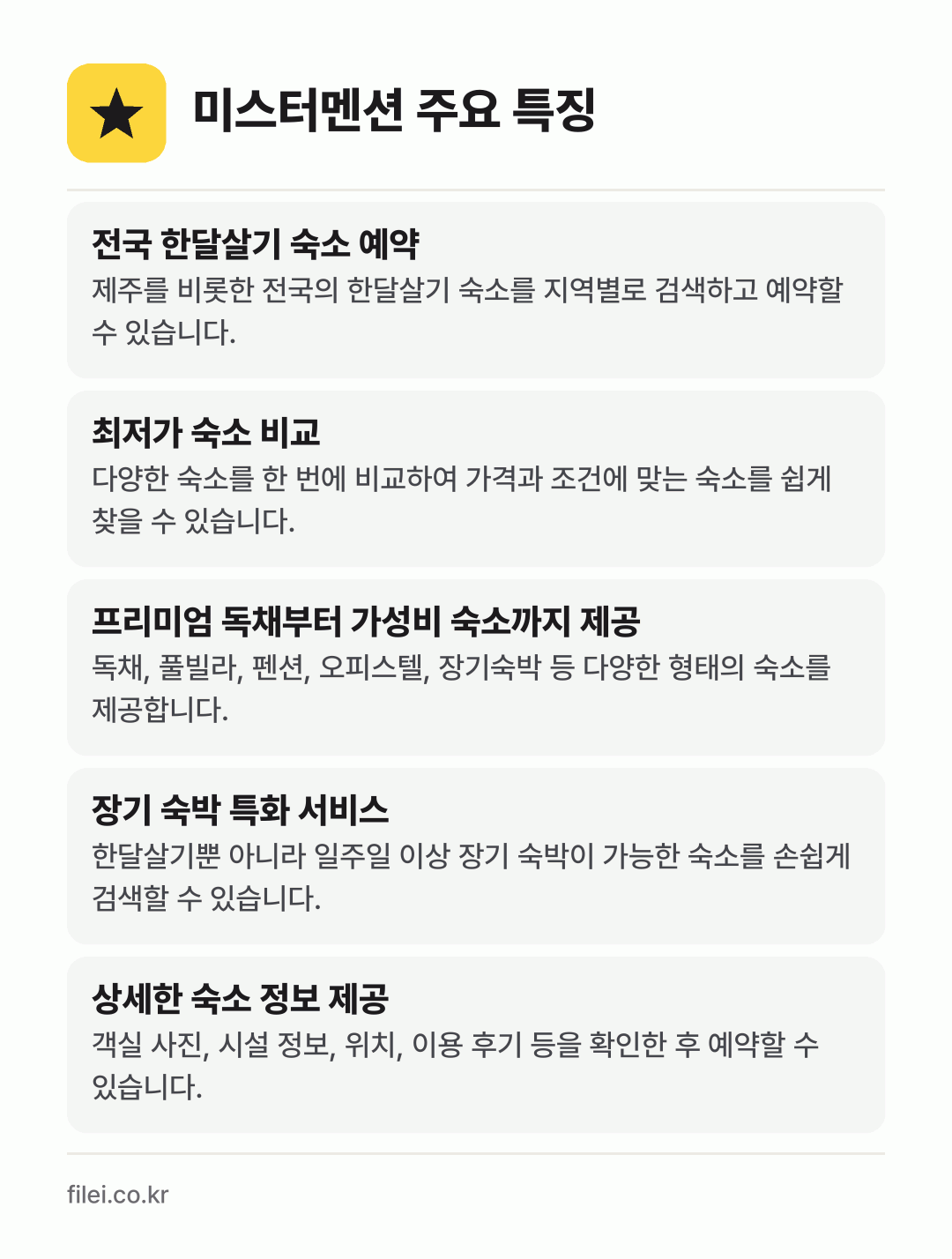 미스터멘션 주요 특징: 전국 한달살기 숙소 예약, 최저가 숙소 비교, 프리미엄 독채부터 가성비 숙소까지 제공, 장기 숙박 특화 서비스, 상세한 숙소 정보 제공