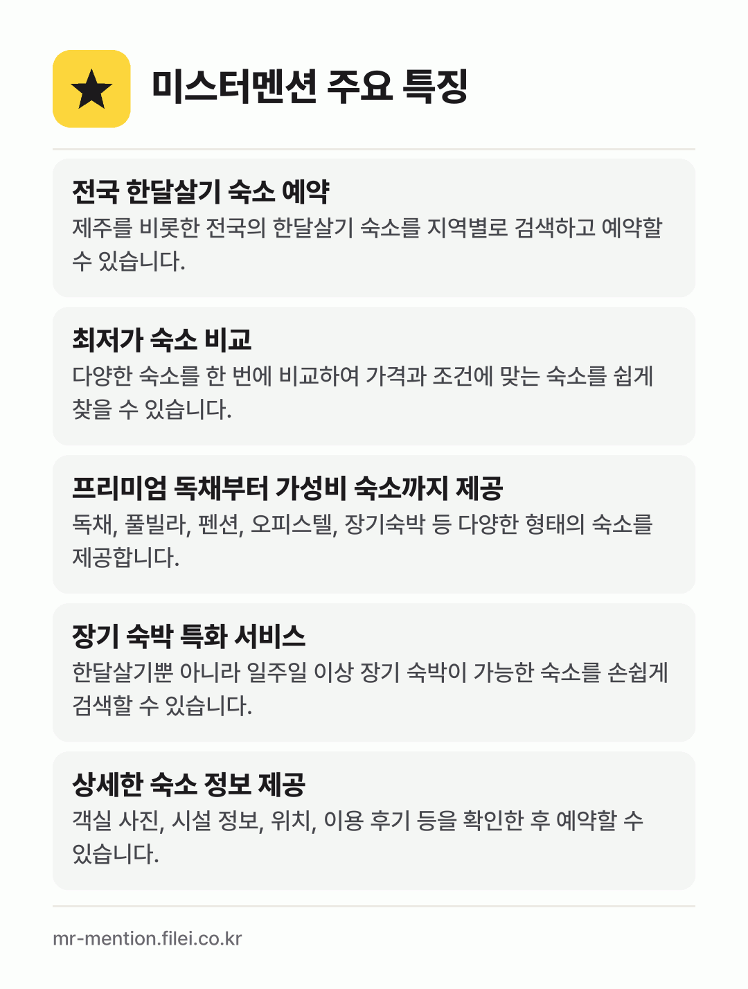 미스터멘션 주요 특징: 전국 한달살기 숙소 예약, 최저가 숙소 비교, 프리미엄 독채부터 가성비 숙소까지 제공, 장기 숙박 특화 서비스, 상세한 숙소 정보 제공