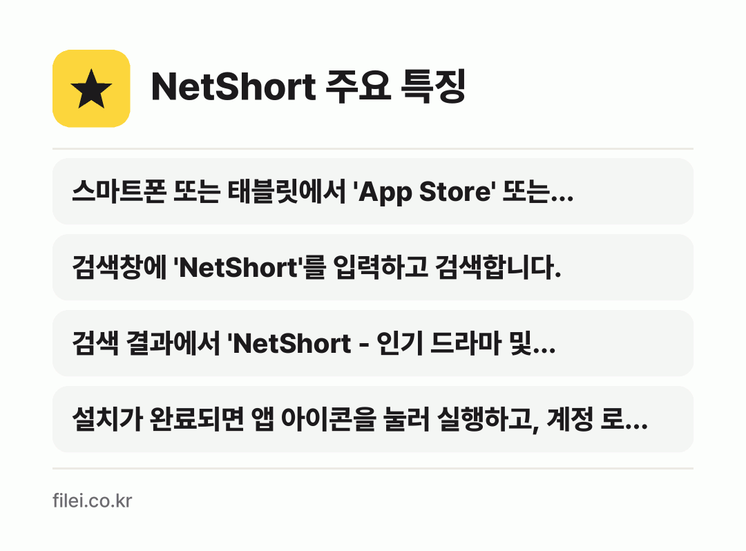 NetShort 주요 특징: 스마트폰 또는 태블릿에서 'App Store' 또는…, 검색창에 'NetShort'를 입력하고 검색합니다., 검색 결과에서 'NetShort - 인기 드라마 및…, 설치가 완료되면 앱 아이콘을 눌러 실행하고, 계정 로…
