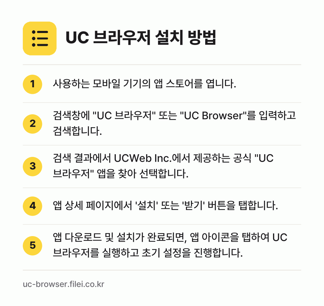 UC 브라우저 설치 방법: 사용하는 모바일 기기의 앱 스토어를 엽니다. → 검색창에 "UC 브라우저" 또는 "UC B… → 검색 결과에서 UCWeb Inc.에서 제공… → 앱 상세 페이지에서 '설치' 또는 '받기'… → 앱 다운로드 및 설치가 완료되면, 앱 아이…