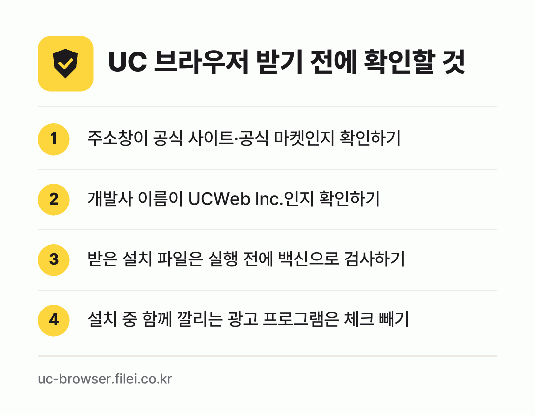 UC 브라우저 받기 전에 확인할 것: 주소창이 공식 사이트·공식 마켓인지 확인하기, 개발사 이름이 UCWeb Inc.인지 확인하기, 받은 설치 파일은 실행 전에 백신으로 검사하기, 설치 중 함께 깔리는 광고 프로그램은 체크 빼기
