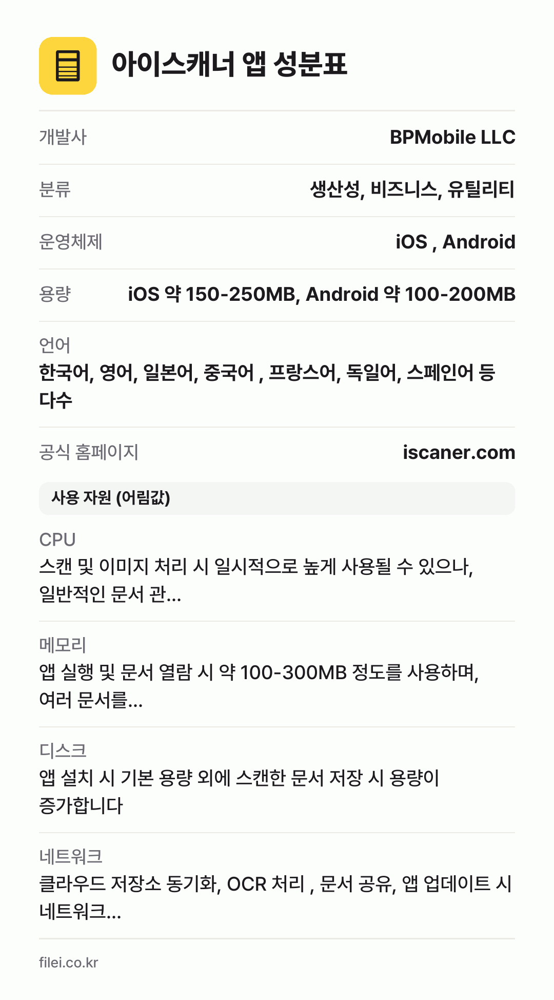 아이스캐너 앱 성분표: 개발사 BPMobile LLC, 분류 생산성, 비즈니스, 유틸리티, 운영체제 iOS , Android, 용량 iOS 약 150-250MB, Android 약 100-200MB, 언어 한국어, 영어, 일본어, 중국어 , 프랑스어, 독일어, 스페인어 등 다수