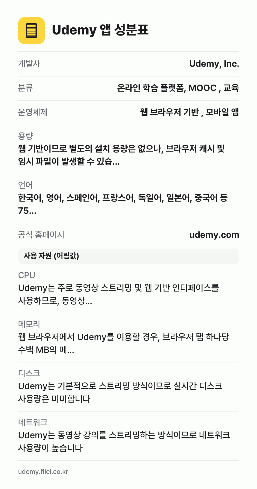Udemy 앱 성분표: 개발사 Udemy, Inc., 분류 온라인 학습 플랫폼, MOOC , 교육, 운영체제 웹 브라우저 기반 , 모바일 앱, 용량 웹 기반이므로 별도의 설치 용량은 없으나, 브라우저 캐시 및 임시 파일이 발생할 수 있습…, 언어 한국어, 영어, 스페인어, 프랑스어, 독일어, 일본어, 중국어 등 75…