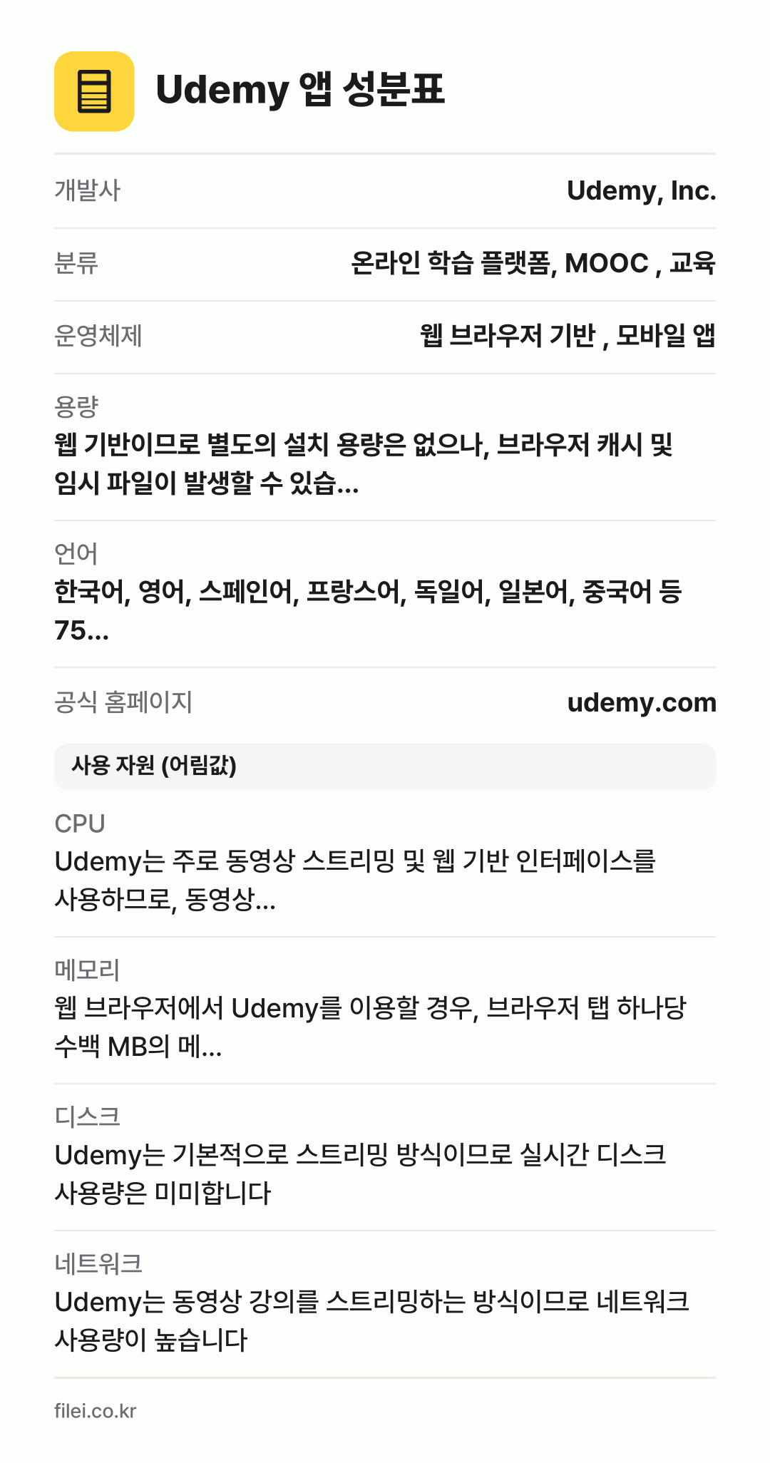 Udemy 앱 성분표: 개발사 Udemy, Inc., 분류 온라인 학습 플랫폼, MOOC , 교육, 운영체제 웹 브라우저 기반 , 모바일 앱, 용량 웹 기반이므로 별도의 설치 용량은 없으나, 브라우저 캐시 및 임시 파일이 발생할 수 있습…, 언어 한국어, 영어, 스페인어, 프랑스어, 독일어, 일본어, 중국어 등 75…