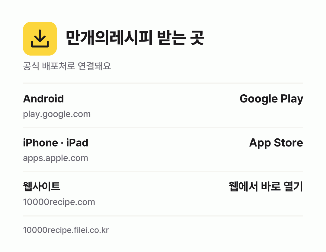 만개의레시피 받는 곳: Android, iPhone · iPad, 웹사이트