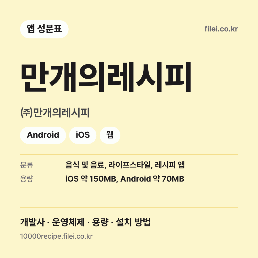 만개의레시피 다운로드 · ㈜만개의레시피 · Android, iOS, 웹