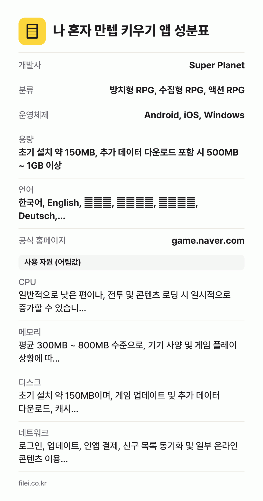 나 혼자 만렙 키우기 앱 성분표: 개발사 Super Planet, 분류 방치형 RPG, 수집형 RPG, 액션 RPG, 운영체제 Android, iOS, Windows, 용량 초기 설치 약 150MB, 추가 데이터 다운로드 포함 시 500MB ~ 1GB 이상, 언어 한국어, English, 日本語, 简体中文, 繁體中文, Deutsch,…