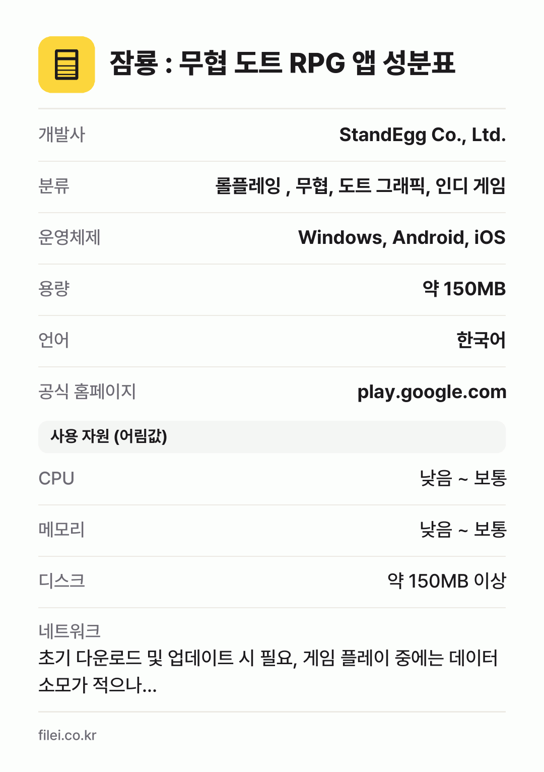 잠룡 : 무협 도트 RPG 앱 성분표: 개발사 StandEgg Co., Ltd., 분류 롤플레잉 , 무협, 도트 그래픽, 인디 게임, 운영체제 Windows, Android, iOS, 용량 약 150MB, 언어 한국어