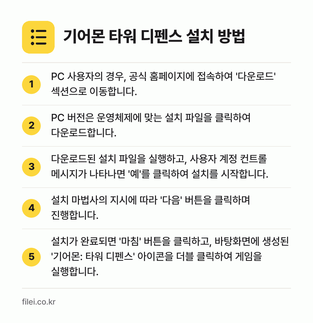 기어몬 타워 디펜스 설치 방법: PC 사용자의 경우, 공식 홈페이지에 접속… → PC 버전은 운영체제에 맞는 설치 파일을… → 다운로드된 설치 파일을 실행하고, 사용자… → 설치 마법사의 지시에 따라 '다음' 버튼을… → 설치가 완료되면 '마침' 버튼을 클릭하고,…