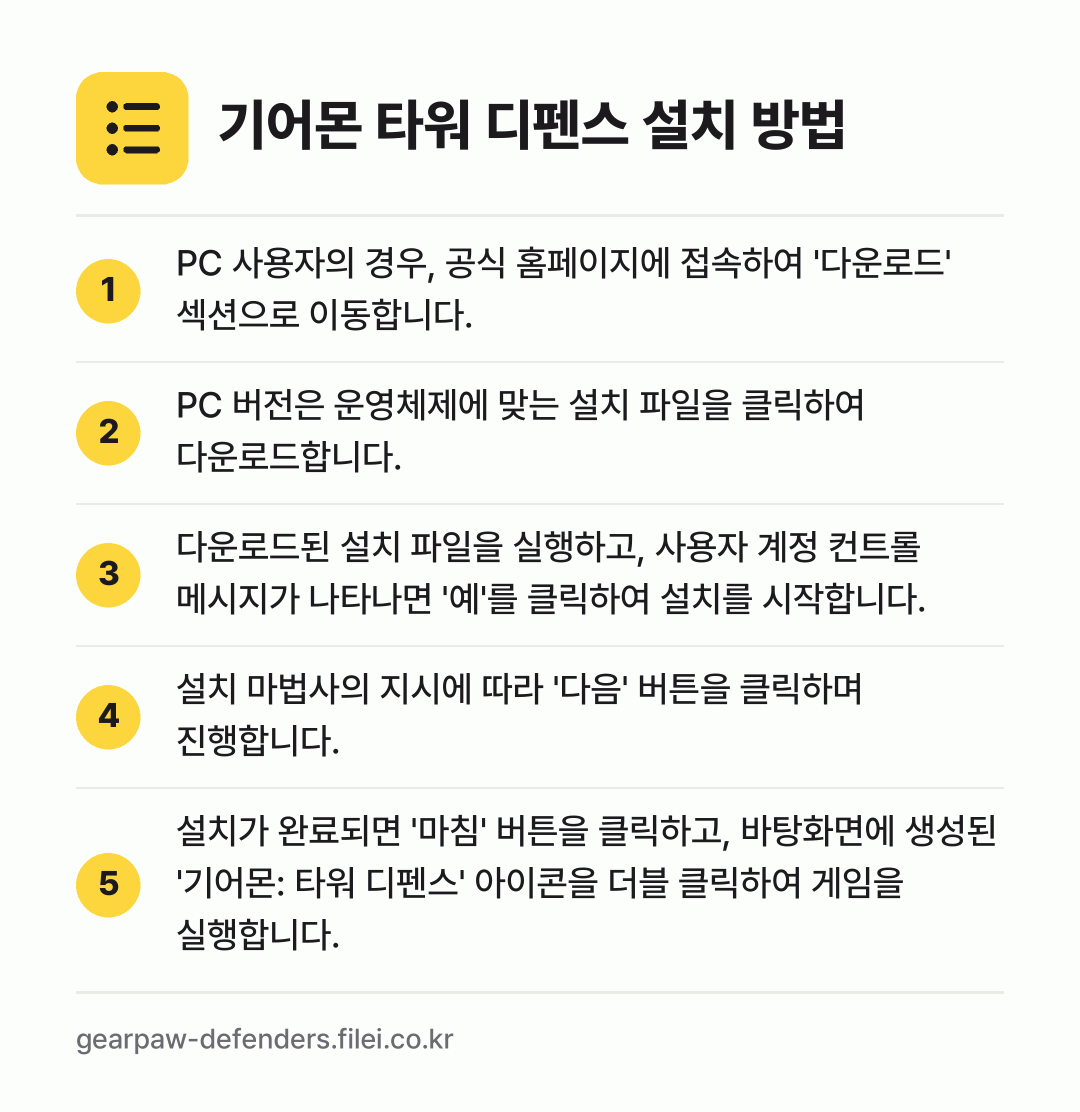기어몬 타워 디펜스 설치 방법: PC 사용자의 경우, 공식 홈페이지에 접속… → PC 버전은 운영체제에 맞는 설치 파일을… → 다운로드된 설치 파일을 실행하고, 사용자… → 설치 마법사의 지시에 따라 '다음' 버튼을… → 설치가 완료되면 '마침' 버튼을 클릭하고,…