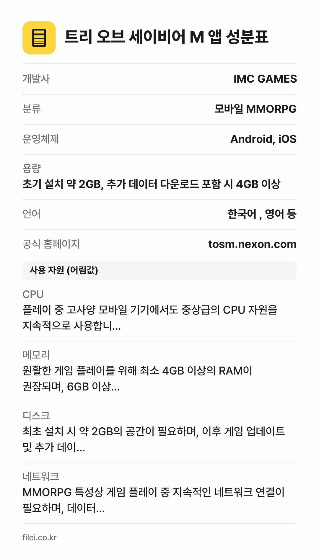 트리 오브 세이비어 M 앱 성분표: 개발사 IMC GAMES, 분류 모바일 MMORPG, 운영체제 Android, iOS, 용량 초기 설치 약 2GB, 추가 데이터 다운로드 포함 시 4GB 이상, 언어 한국어 , 영어 등