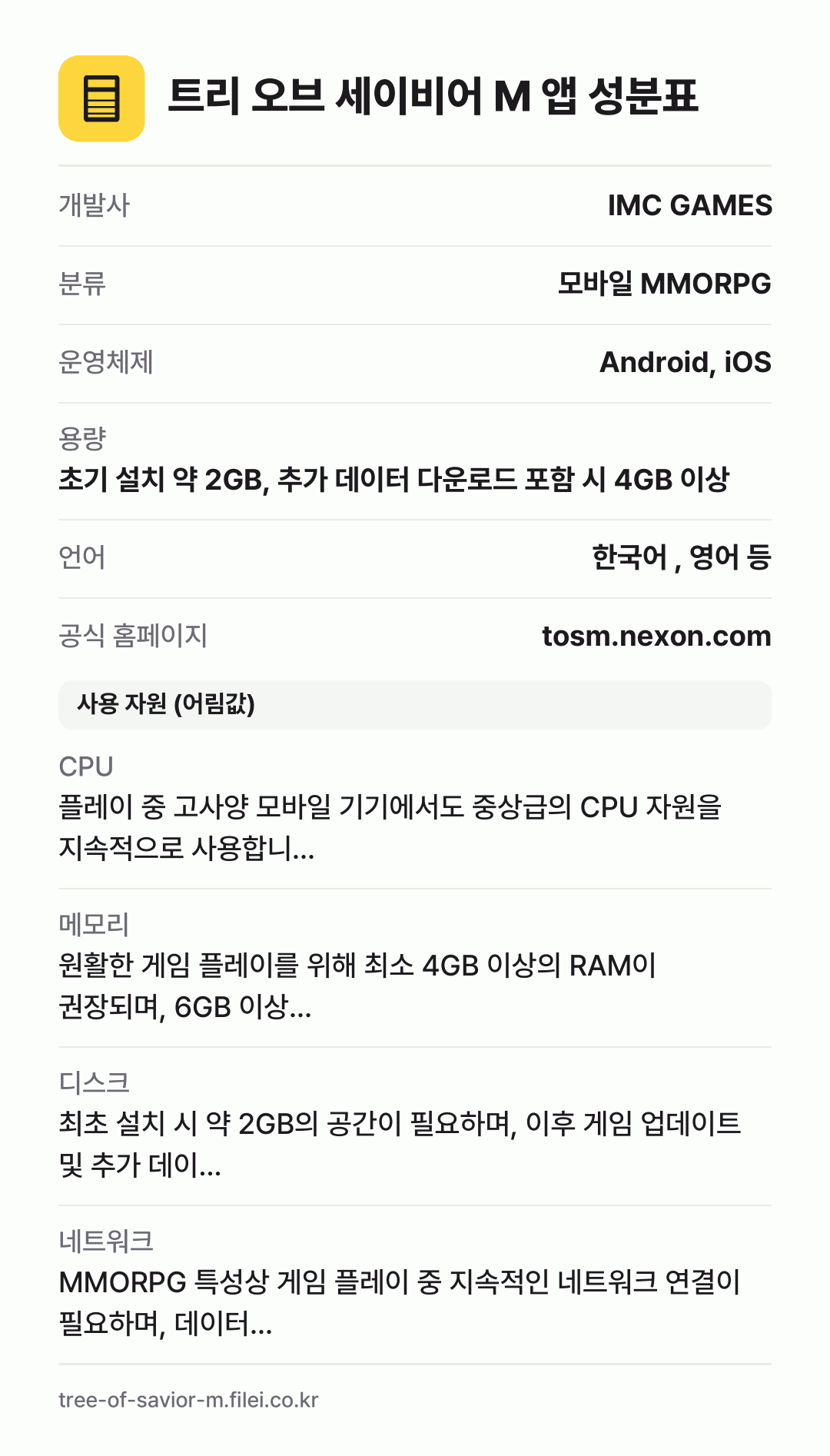 트리 오브 세이비어 M 앱 성분표: 개발사 IMC GAMES, 분류 모바일 MMORPG, 운영체제 Android, iOS, 용량 초기 설치 약 2GB, 추가 데이터 다운로드 포함 시 4GB 이상, 언어 한국어 , 영어 등